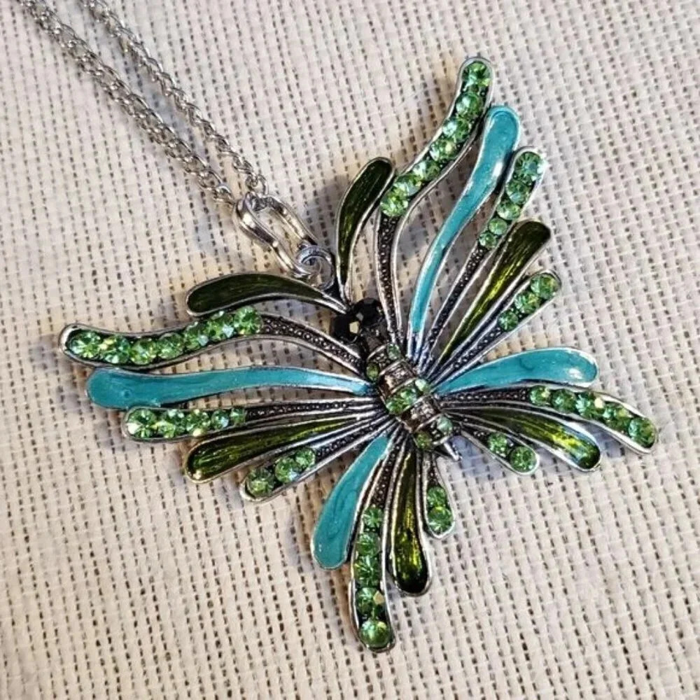 Art Nouveau Butterfly Necklace Blue Green Enamel